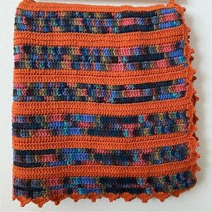 Vintage Crocheted 70’s Burnt Orange with Variegated Stripe Scallop Edge Throw